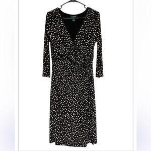 Lauren Ralph Lauren Black & White Polka Dot Faux Wrap Sheath Dress Size 12